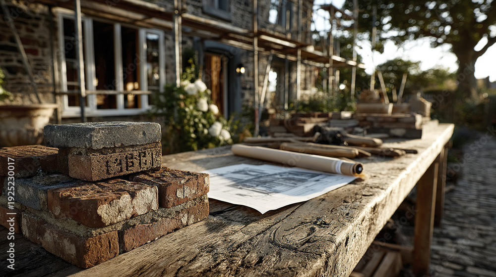 Fototapeta premium Old brick stacked on wooden table with architectural blueprint and tools in front of stone house under renovation in warm sunlight