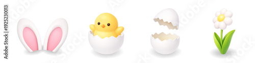 Easter 3D realistic icons. Bunny ears, baby chick in shell, broken egg and white daisy. 3D vector illustration for kids designs and holiday templates.