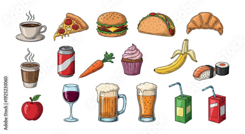 A delicious collection of common food and drink items including pizza, hamburgers, coffee, and fresh fruit, perfect for menus, restaurant promotions, and healthy eating campaigns
