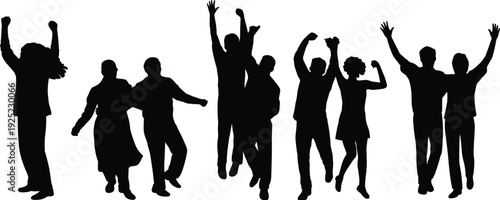 Happy people jumping silhouette set, celebration and success vector illustration isolated for party design, teamwork concept, youth lifestyle and motivational graphics