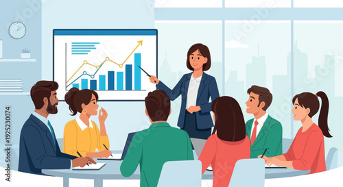 A confident female executive leads a productive business meeting, presenting market data and financial growth charts to her attentive team, ideal for corporate reports and training materials