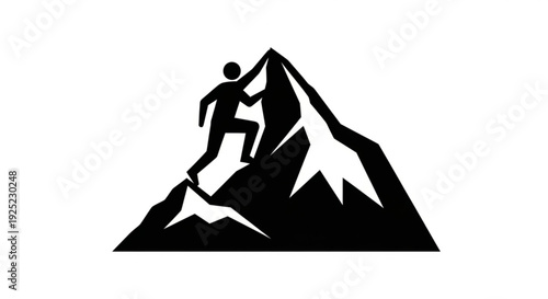 Man Climbing Mountain Peak Silhouette on White Background