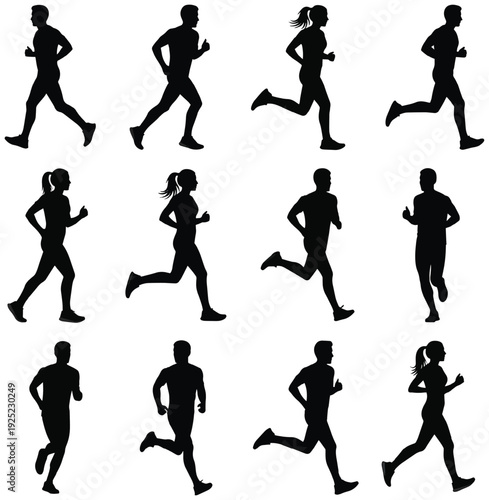 Set of male and female running silhouettes showing jogging poses for fitness and exercise.