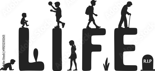 Life cycle concept showing human growth stages from crawling baby to elderly man with cane and final rest on text