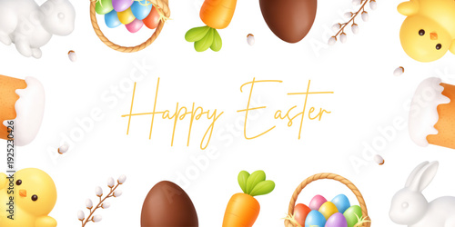 Easter greeting template with Happy Easter text. 3D decorations including eggs, bunny, chick, carrot and basket. Perfect for cards and social media posts.