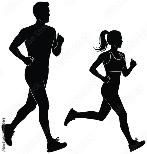 A set of running man and woman silhouettes. Male and female runner figure shapes in dynamic jogging and sprinting poses. Slim, healthy, athletic body proportions.