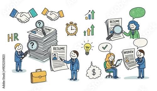 Hand drawn business icons illustrating human resources, job search, professional development, and career success, useful for employment related presentations and reports.