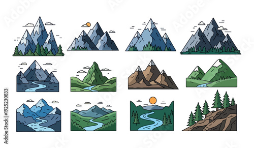 Modern mountain landscape vector graphics collection featuring towering peaks, lush forests, winding rivers, and natural elements, perfect for travel and outdoor adventure themed projects