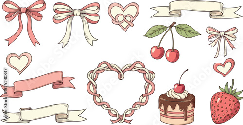 Assortment of charming handdrawn bows, flowing ribbons, romantic hearts, and sweet dessert graphics perfect for delightful invitations, greeting cards, digital scrapbooking, and festive