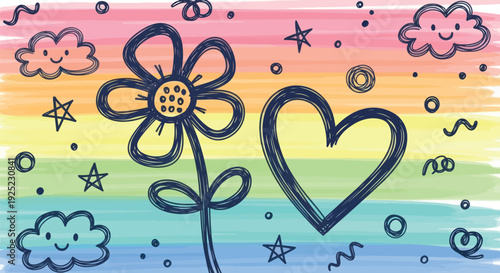 Happy handdrawn clouds, a charming scribbled flower, and an outlined heart, with stars and dots across a vibrant watercolor spectrum for kids projects and positive themed content.