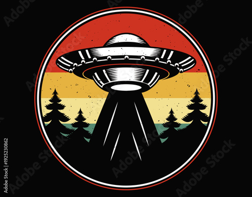 Vintage Alien Retro Abduction Scene Graphic - printable editable vector art file.