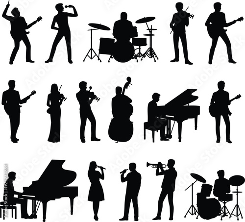 Musician and Band Silhouettes Collection with Guitarist, Singer, Drummer, Violinist, Pianist and Trumpet Player, Black Vector Illustration Set Isolated on White Background