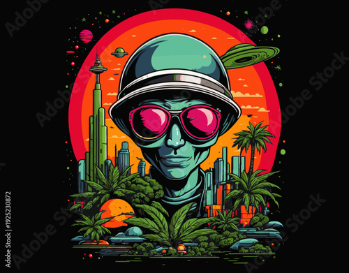 Vintage Alien Abduction Forest Tree Silhouette Design - printable editable vector art file.