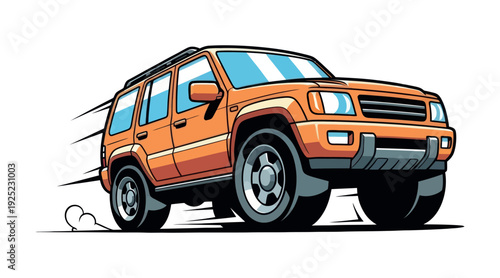 Powerful orange off road vehicle in dynamic motion, perfect for automotive themed presentations, transport industry marketing, or adventure travel promotions.