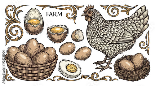 Engraved style farm hen with various chicken eggs including whole, cracked, and nested within a basket, ideal for rustic recipe books, grocery store promotions, and farming industry