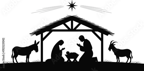 Nativity scene silhouette with Holy Family in manger, Christmas religious vector illustration isolated for Christian holiday design, church decoration and biblical celebration graphics