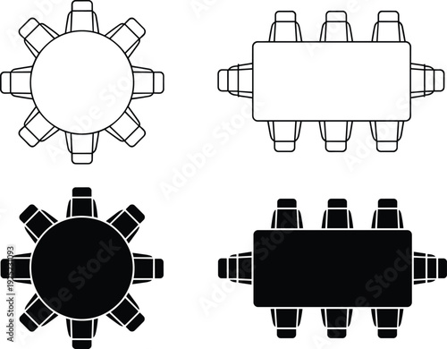 Overhead conference table and chair icons set, round and rectangular meeting layouts, outline and black silhouette styles for office seating plan design.