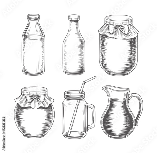 Black and white of assorted glass containers with lids and a pitcher bottle