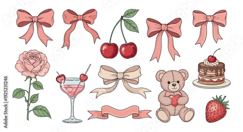 Delightful assortment of sweet and loving themed elements featuring various pink bows, a soft rose, juicy cherries, a festive cocktail, a charming teddy bear, delicious cake, and a fresh