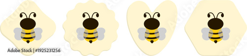 Minimalist honeybee badges. Cute, flat design bee centered within different soft cream geometric shapes like a rounded diamond, a scalloped circle, a heart, and a hexagon.