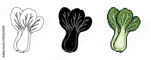 Bok Choy vegetable presented in three distinct graphic styles including line art, solid silhouette, and pixelated format perfect for foodrelated projects and game development