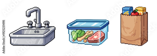 Pixel art household essentials including a kitchen sink with a faucet, a clear food storage container, and a brown paper grocery bag perfect for cooking and home life applications