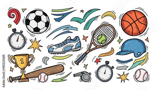 Vibrant collection of sports equipment and athletic symbols in a lively doodle aesthetic perfect for promoting youth sports events and active lifestyle content