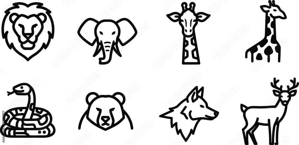 Fototapeta premium Wildlife icon bundle featuring lion elephant giraffe deer bear snake wolf and antelope black and white illustrations