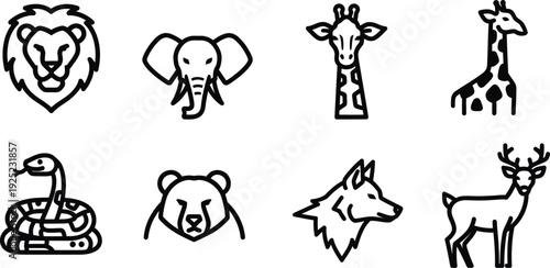 Wildlife icon bundle featuring lion elephant giraffe deer bear snake wolf and antelope black and white illustrations