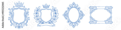Vintage heraldic decorative frames set with royal crown, laurel wreath, shield and scroll. Classic antique blue line art vector illustration for luxury branding, certificates, elegant crest design