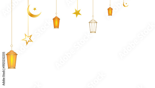 Left aligned ramadan decoration with hanging golden lamps and crescent moon on transparent backdrop