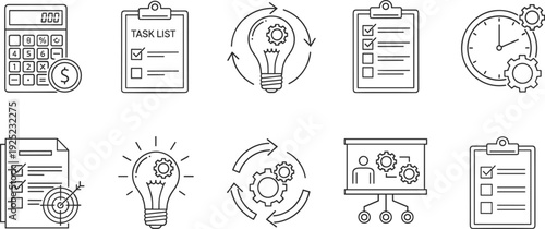 Professional workflow icon collection featuring calculation, time management, and ideation