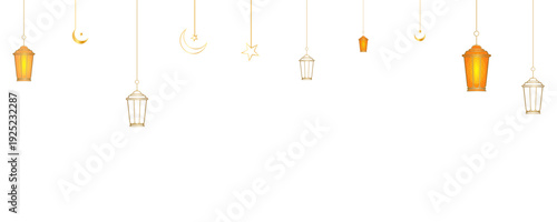 Ramadan kareem hanging lanterns and crescent moons background for islamic holy month celebration