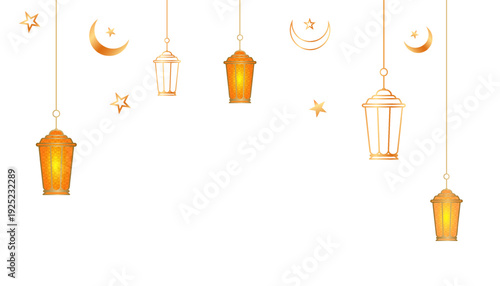 Scattered golden ramadan lanterns and moons hanging from top on a plain transparent surface background