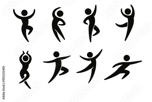 Minimal black silhouettes of eight figures in yoga balance, dance steps and athletic stances, arranged as a vector icon set. Concept of harmony, flexibility and body control.