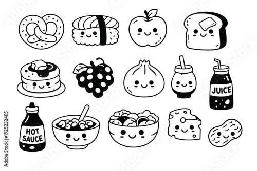 Cute kawaii food doodle collection in black and white: pretzel, sushi, apple, toast, grapes, dumpling, sauces, bowls, cheese, and cookie. Fun snack concept icons.