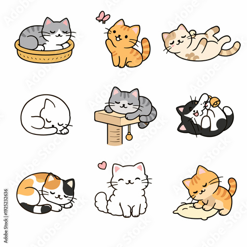Kawaii cat doodle set with sleeping kittens, basket bed, relaxed poses, butterfly play, toy bell, cat tree and kneading on pillow. Cozy clean flat vector cartoon icons isolated on white.
