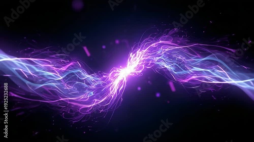 Abstract flowing purple energy waves with glowing particles forming dynamic light streaks against dark background