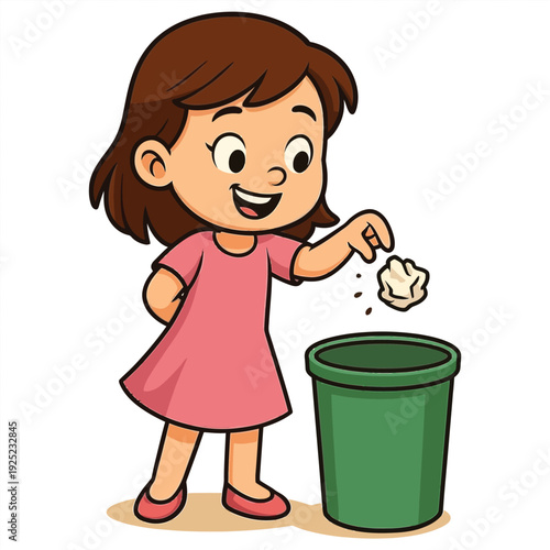 A cheerful cartoon girl actively demonstrates good environmental habits by responsibly disposing of trash, promoting cleanliness and care for the planet through her positive action