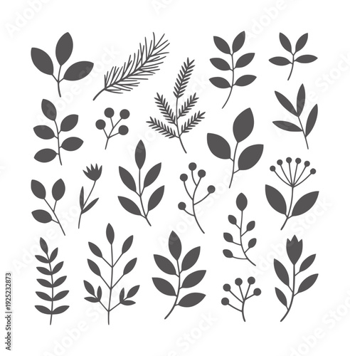 Collection of Dark Gray Botanical Silhouettes White leaf branch berry