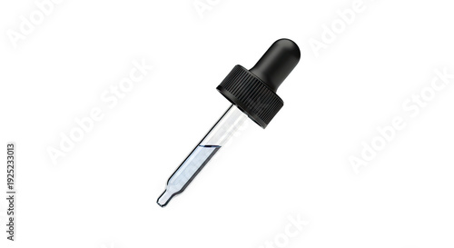 Glass dropper with blue liquid against a white background