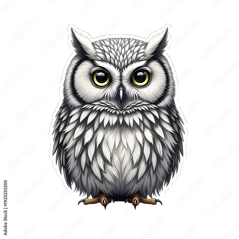 Obraz premium Cute cartoon owl sticker with large yellow eyes and detailed white and gray feathers, isolated on white background