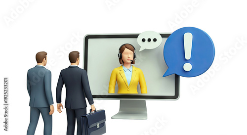 Customer service interaction with an exclamation mark in a speech bubble