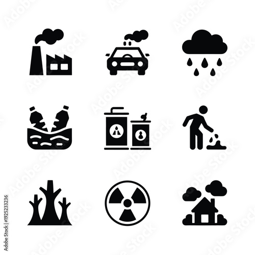 Set of 9 environmental pollution icons vector
