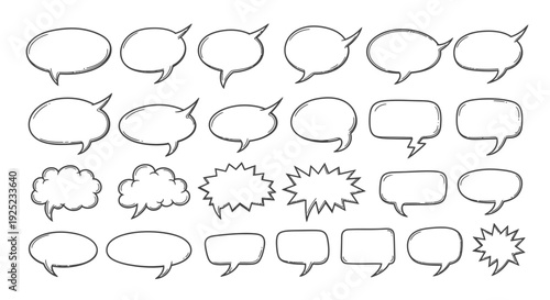 hand drawn speech bubbles set, communication concept, sketch style