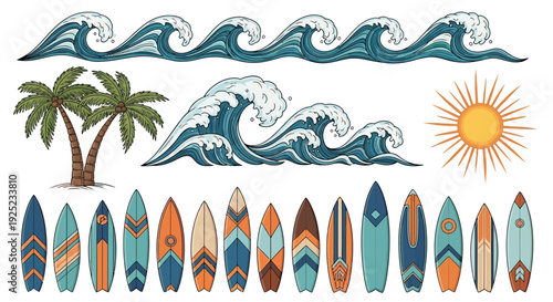 Surfboards, ocean waves, palm trees and sun illustration