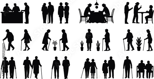 Senior people silhouette set with elderly couples walking, meeting and sitting, retirement lifestyle vector collection isolated for healthcare, caregiving and community support design