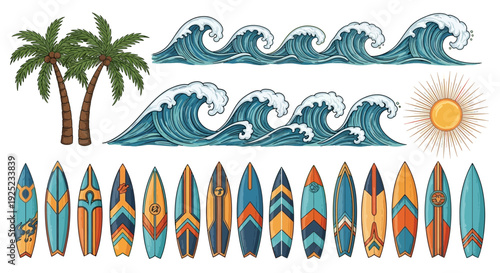 surfboards, waves and palm trees illustration, summer vacation concept
