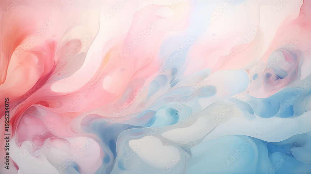 Obraz premium Soft pastel abstract painting fluid acrylic pour art swirling pink blue and white tones dreamy and calming modern wall decor gentle gradient smooth texture