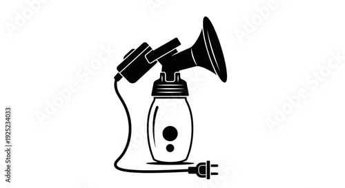 Electric breast pump device icon with power cord, lactation equipment illustration, breastfeeding support tool, maternal care product design, newborn feeding accessory, simple black silhouette vector